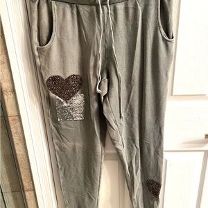 Gray Joggers with Glitter Heart Patches